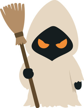 Hooded Halloween ghost character with glowing orange eyes holding a rustic broom in a spooky