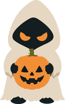Hooded Halloween ghost character with glowing orange eyes holding a large smiling jack-o'-lantern pumpkin in a spooky