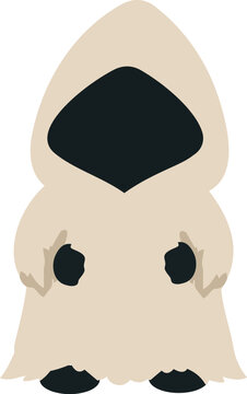 Faceless hooded Halloween ghost character in a beige cloak with black gloves and a dark mysterious face in a minimalist