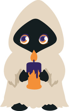 Cute hooded Halloween ghost character with large purple eyes holding a burning orange candle decorated with dripping purple wax.