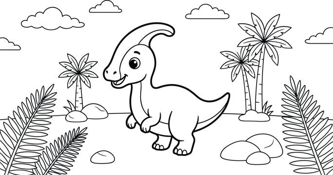 Cute cartoon dinosaur coloring page features parasaurolophus in prehistoric forest landscape