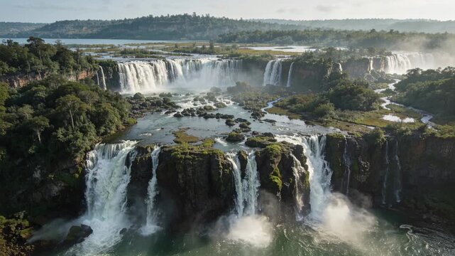 Approaching drone revealing central waterfalls plunging over cliffs into braided river, mist rising