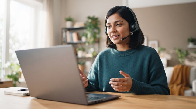 Friendly Indian female online banking support consultant with headset talking on video call using laptop computer at home office desk, providing remote customer assistance and help advice.