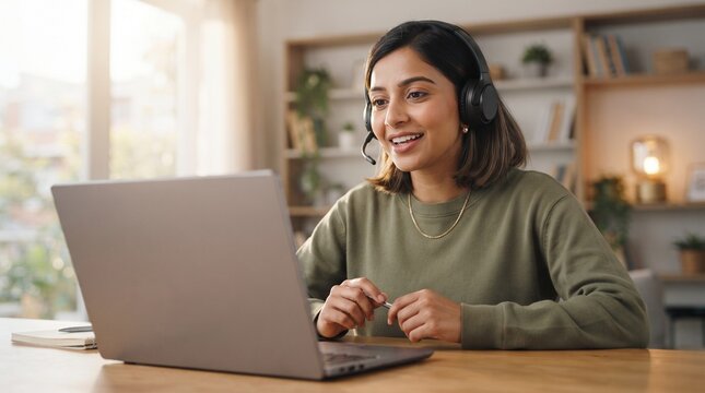 Smiling South Asian businesswoman in headset using laptop at home office for online banking, digital customer service, remote consultation and video conference with client, modern tech lifestyle.
