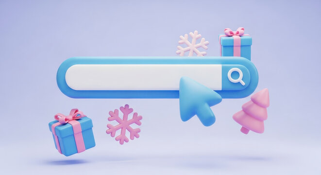 3D cartoon Christmas search bar surrounded by floating festive icons