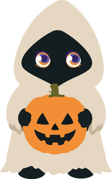 Cute hooded Halloween ghost character with large purple eyes holding a smiling orange jack-o'-lantern pumpkin in a playful