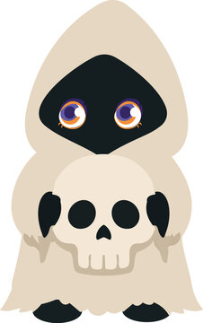 halloween, ghost, skull, hood, spooky, skeleton, orange, character, costume, cloak, phantom, scary, creepy, eerie, mysterious, darkness, haunted, vector, illustration, cartoon, supernatural, spirit, m