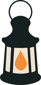 Vintage Halloween lantern with a black frame, circular handle, and warm orange flame in a clean