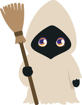 Cute hooded Halloween ghost character with large purple eyes holding a rustic witch broom in a playful