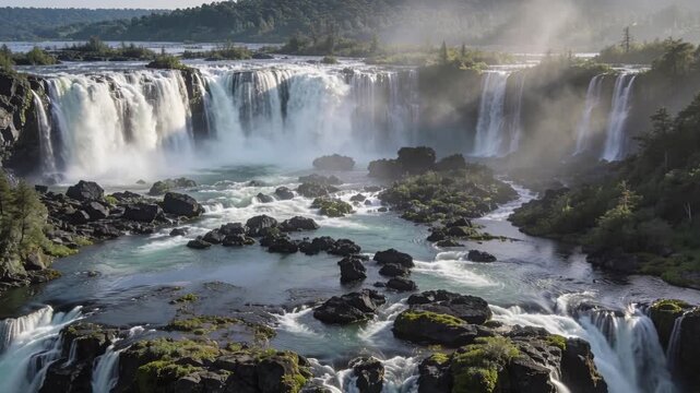 Pouring tiered waterfall fed by upstream water carving rocky ledges in wooded valley, creating mist