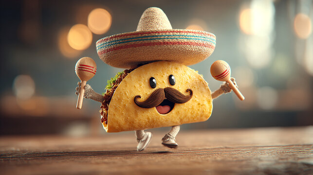 Cute cartoon taco character wearing sombrero and holding maracas with fast food tex mex character