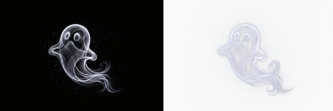 Ethereal glowing ghost illustration made of particles and light trails on black and transparent background