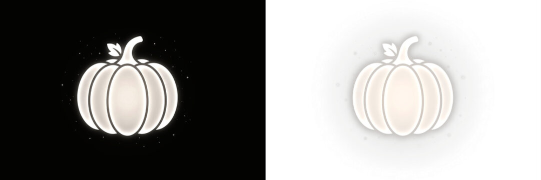 Glowing white pumpkin icon with sparkles on black and transparent backgrounds