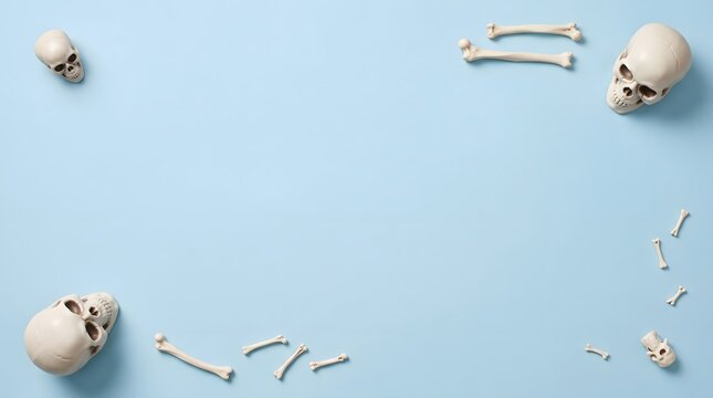 Halloween themed arrangement of anatomical skeleton parts on a pale blue background with copy space