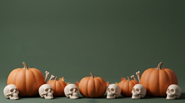 A spooky halloween still life display with pumpkins and human skulls on a dark green backdrop