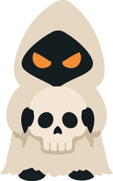 Hooded Halloween ghost character with glowing orange eyes holding a large skull in a dark and spooky flat