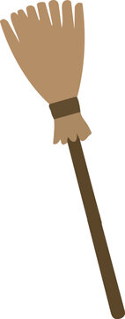 Rustic witch broom with a long wooden handle and simple straw bristles designed in a clea