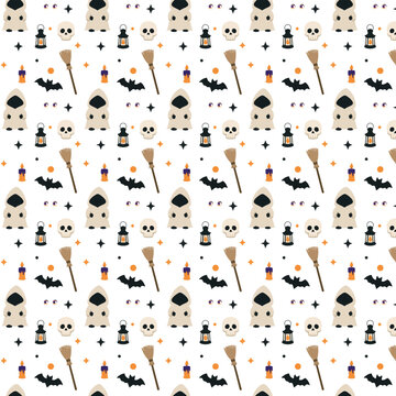 Seamless Halloween pattern featuring hooded ghosts, skulls, lanterns, brooms, candles, bats, colorful eyes, and decorative stars.