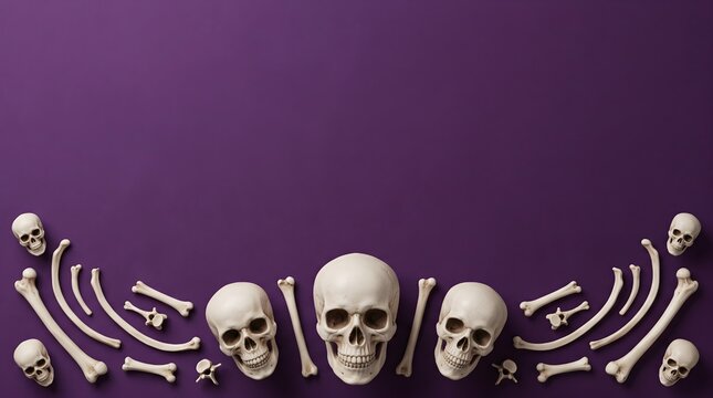 An artistic arrangement of human skeletons and bones presented on a deep purple backdrop for halloween themed