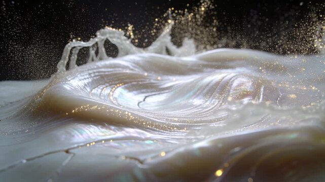 Shifting iridescent viscous surface forming channels after impulse in studio, ejecting gold spray