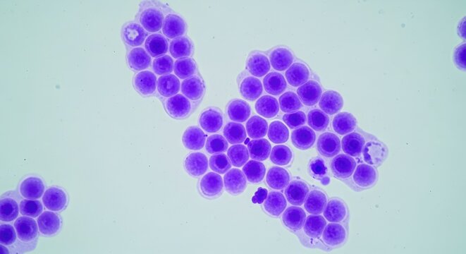Bacterial coccus formation: Staphylococcus cell, microbial life, disease agent, grape cluster, round shape, purple color, view study, germ growth.