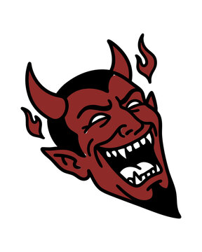 Stylized Illustration of a Laughing Red Devil Face with Horns.