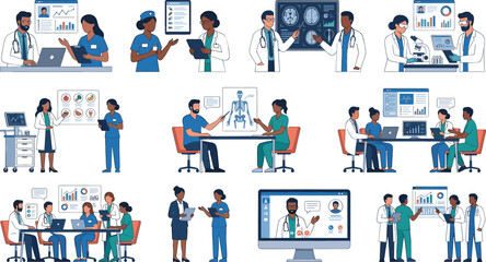 Fototapeta premium Healthcare teamwork and medical consultation collection featuring doctors, nurses, digital diagnostics, patient records, telemedicine, teamwork, and clinical presentations