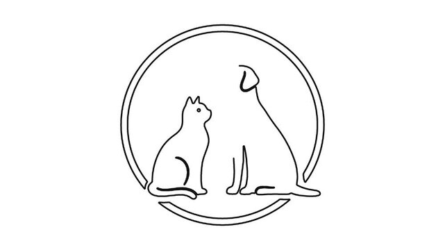 Continuous line drawing of cat and dog sitting together inside circle art.