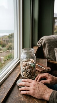 Seashell Collection in Glass Jar on Rustic Wooden Windowsill