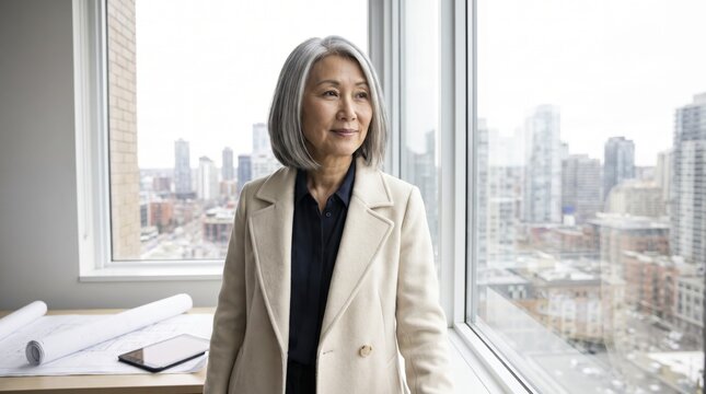 Senior businesswoman standing near window with modern city skyline view