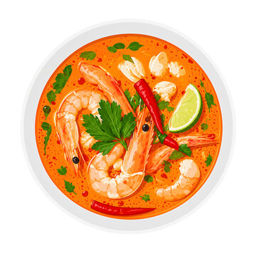 Spicy tom yum goong soup with prawns in a white bowl