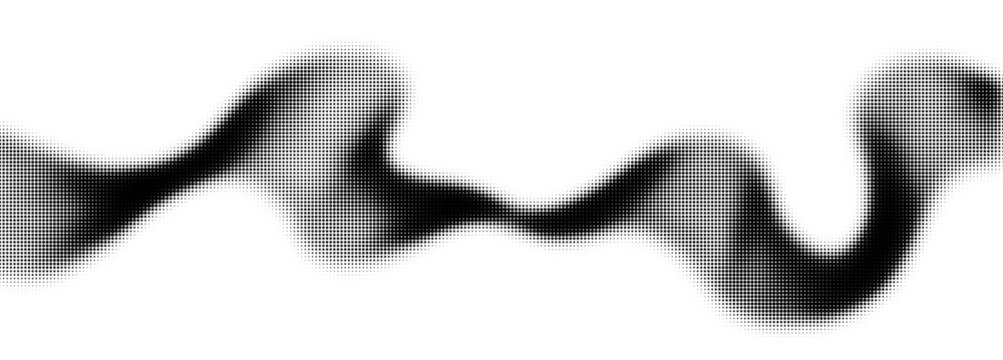 Abstract Black Halftone Wave Ribbon on White Background. Flowing black halftone ribbon formed by dense dots and smooth curves, isolated on white background. Gradient dotted pattern. Vector backdrop