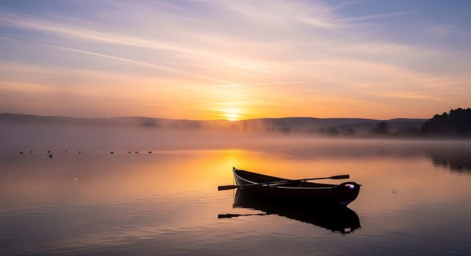 A quiet wooden boat floats peacefully on a misty lake