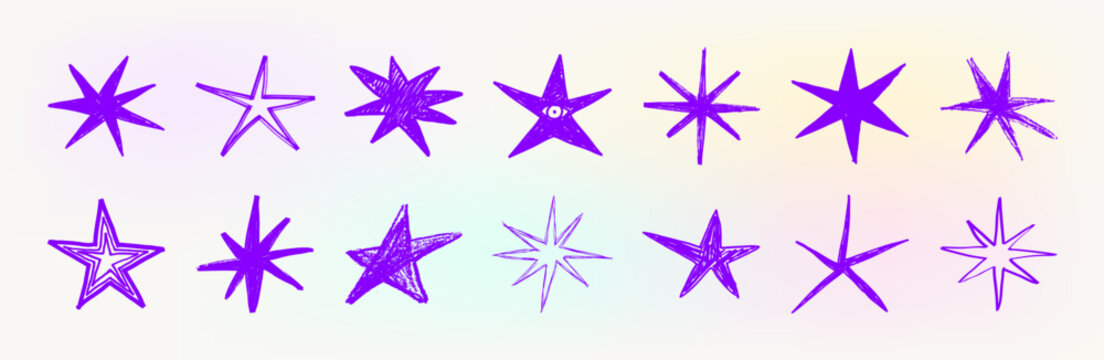 Hand drawn purple star doodle set with sketchy scribble sparkles, brush strokes and marker burst shapes for posters, stickers, cards, social media. Vector graphic box - stars, sparkles, bursts.