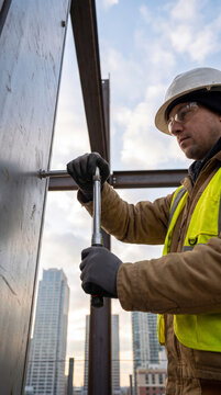 Construction worker tightening bolt on steel beam high above city skyline