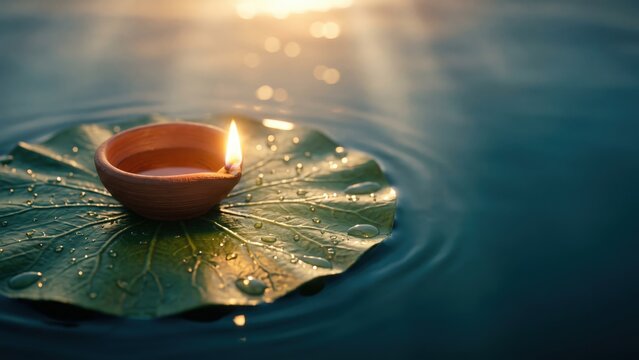 Floating Diya on Lotus Leaf - Serene Diwali Water Background.