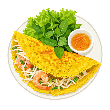 Vietnamese savory crepe with shrimp and fresh herbs on plate