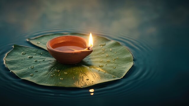 Floating Diya on Lotus Leaf - Serene Diwali Water Background.