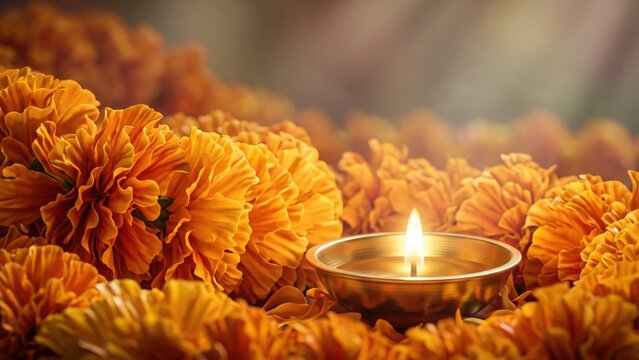Marigold Garland with Glowing Diya - Diwali Floral Background.
