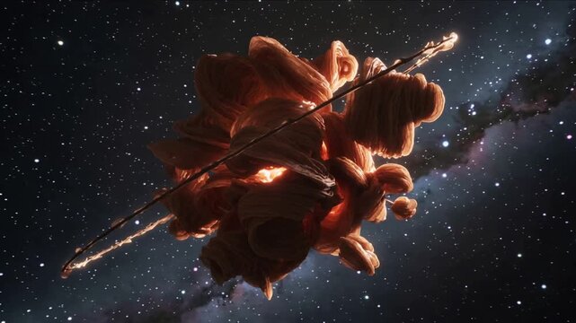 Rotating nebula reacting to camera pan in deep space, exposing glowing core, ring, fragments