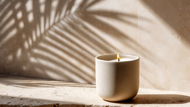 A burning scented candle in a ceramic jar on a natural stone pedestal with tropical palm leaf shadows on a beige wall.