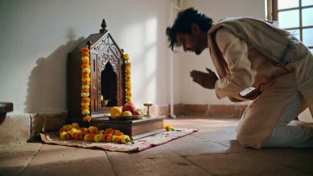 Placing fruit offering, man in kurta and shawl prostrating for puja at home shrine, copy space