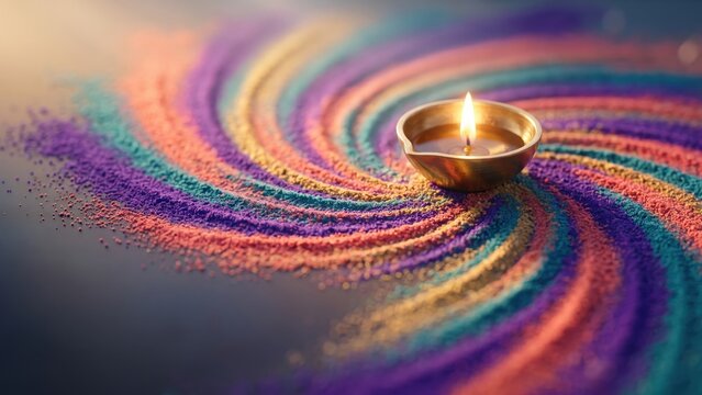Multicolor Rangoli Swirl with Brass Diya - Diwali Festival Background.