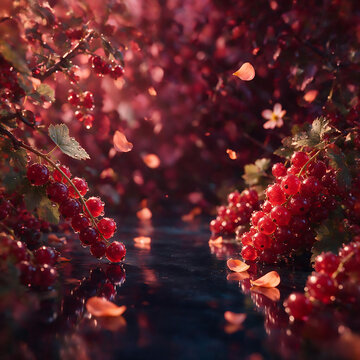 Luxury red berry garden background with floating blossom petals for advertising