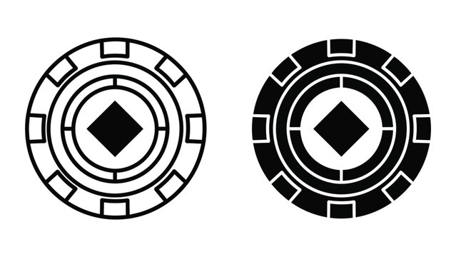 Casino poker chip icon set in outline and solid black style for gambling and gaming apps