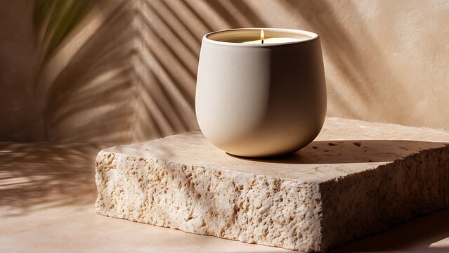 A burning scented candle in a ceramic jar on a natural stone pedestal with tropical palm leaf shadows on a beige wall.