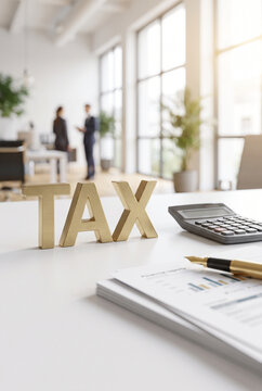 Wooden tax letters on office desk with calculator and documents  
