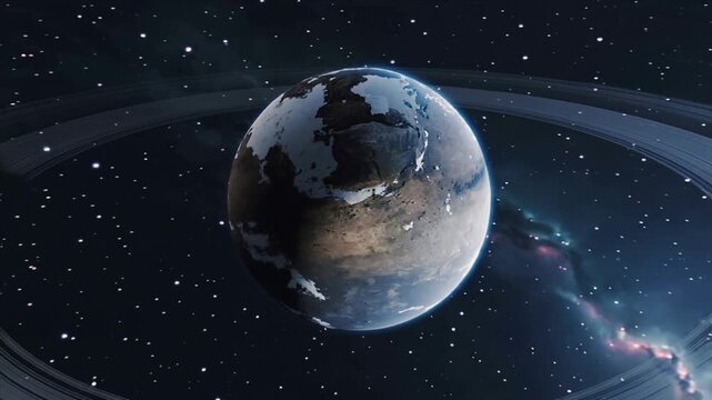 Rotating ringed planet in space showing lighting as bright star moving, making lens flares, nebula