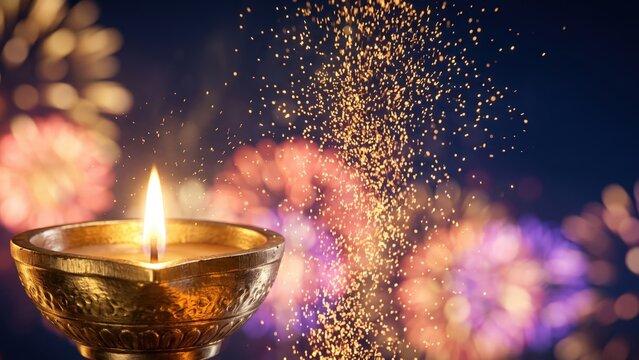Glowing Diya with Firework Bokeh - Diwali Night Background.