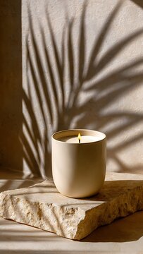 A burning scented candle in a ceramic jar on a natural stone pedestal with tropical palm leaf shadows on a beige wall.